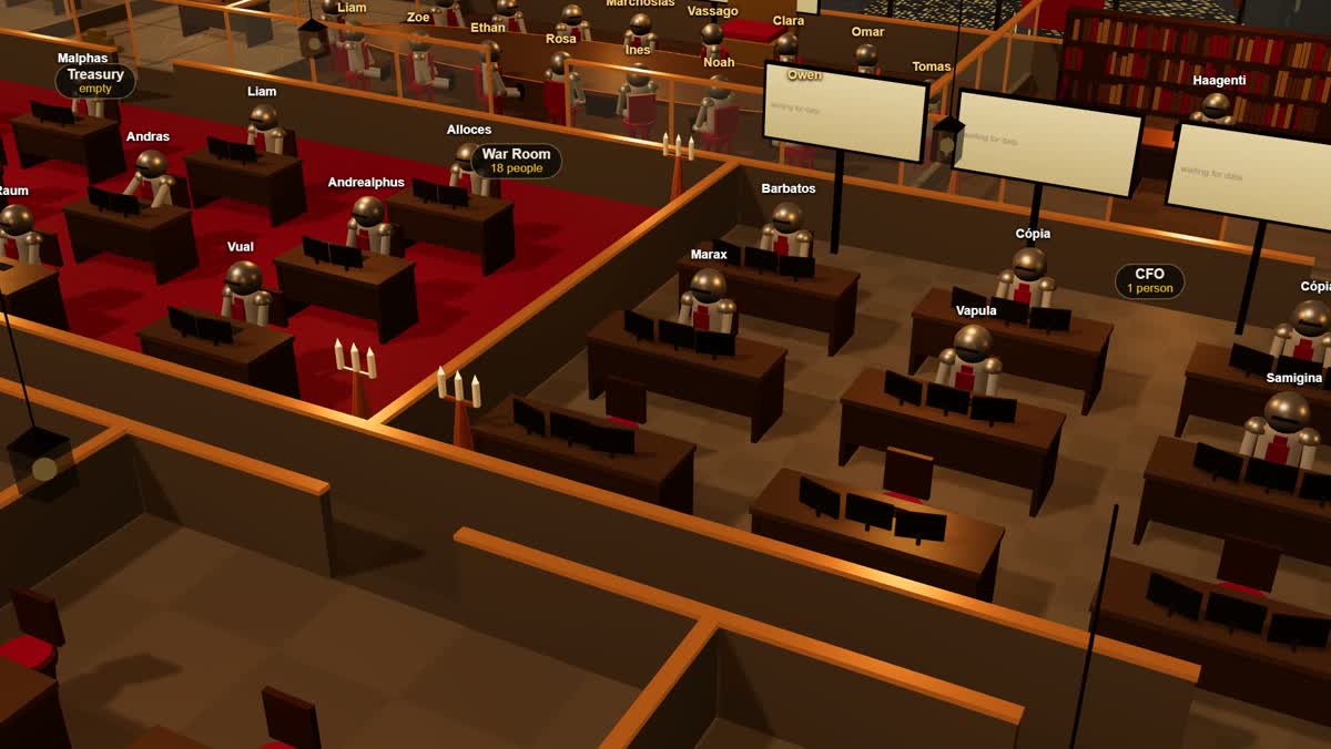 The castle office up close: knights at their desks, candelabra and banners