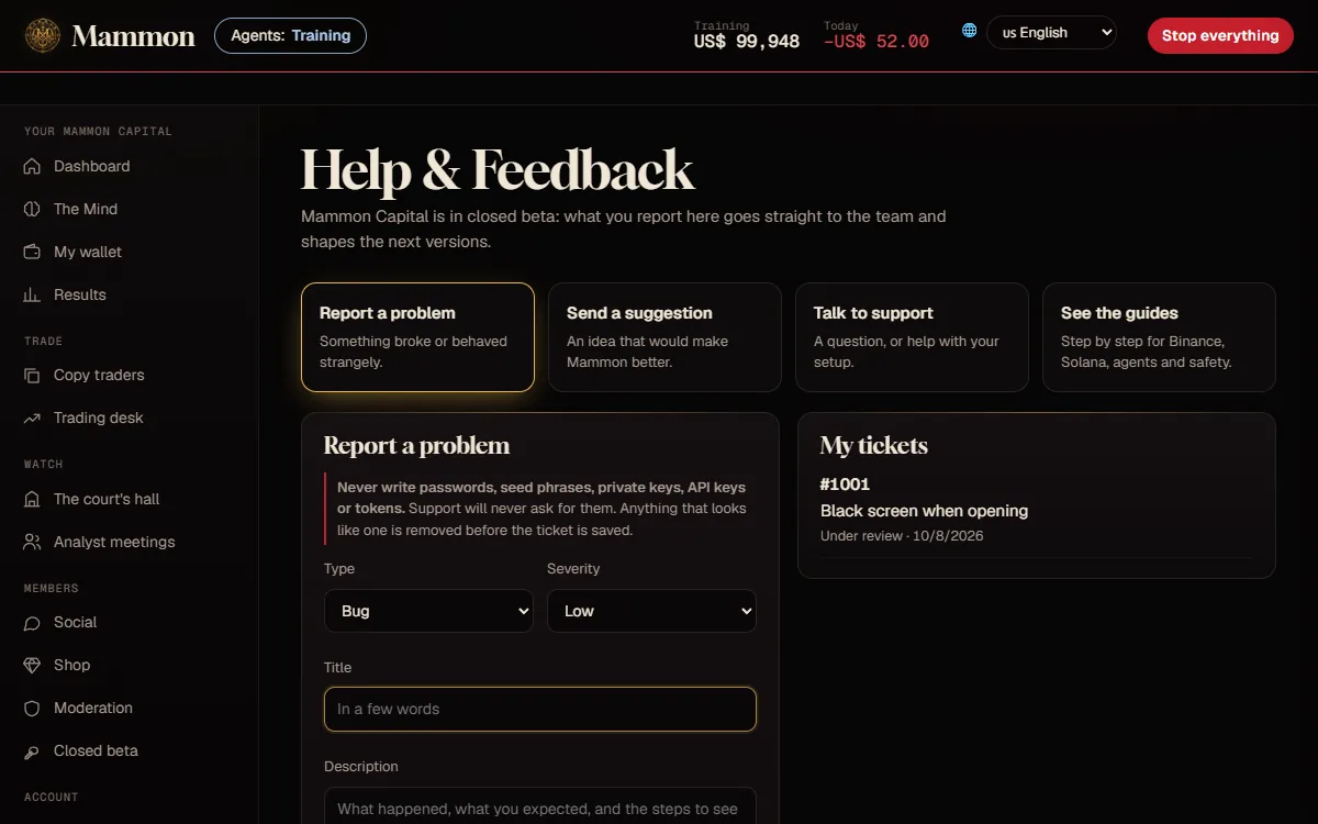 Help and Feedback in the app: the four entries, the form and my tickets