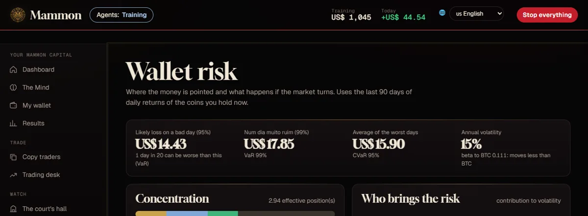 The risk screen with exposure, drawdown and limits