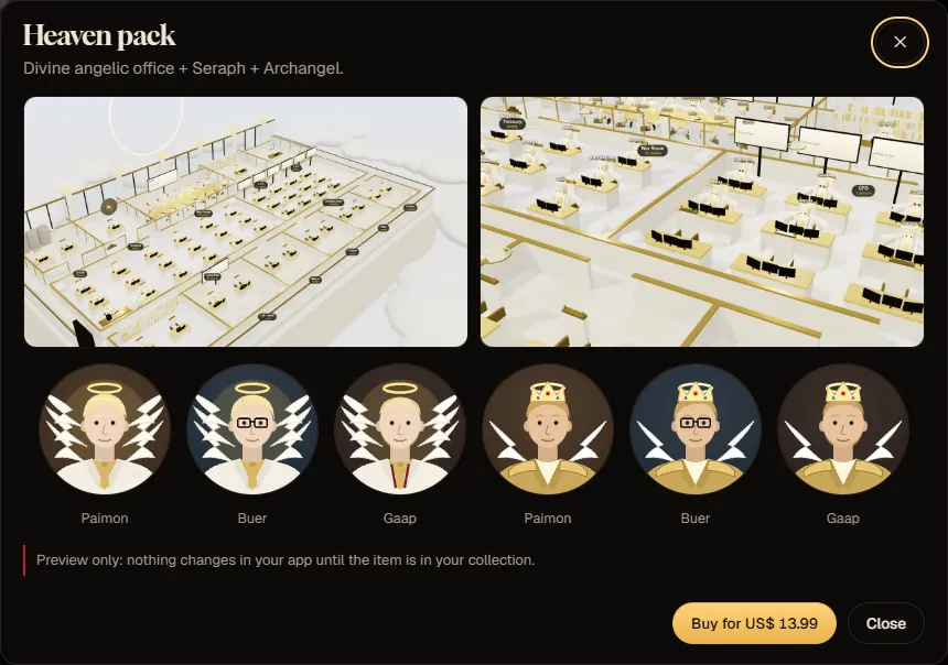 The Shop's preview pop-up: the heaven pack office and agents wearing the skin