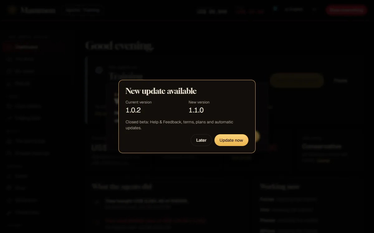 The New update available notice, with the current and the new version and the Update now and Later buttons